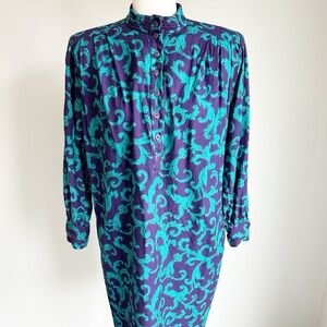 VTG California Design by Dorothy Samuel Blue Floral Modest Long Sleeve Dress XL